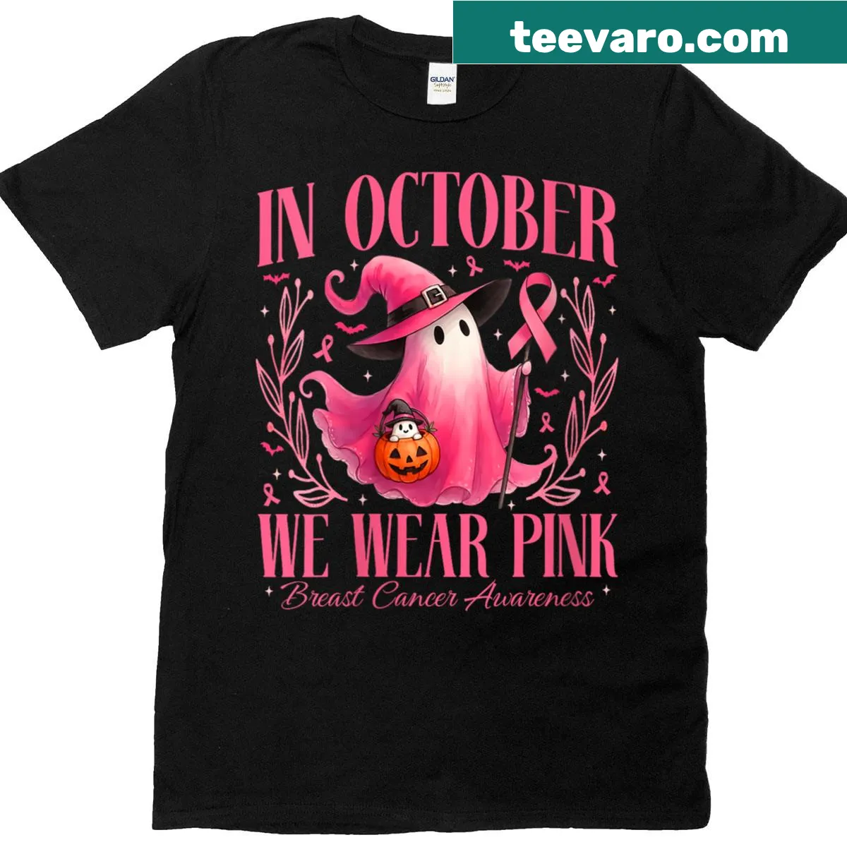 Breast cancer awareness t-shirt with playful ghost and witch design — on a men's t-shirt
