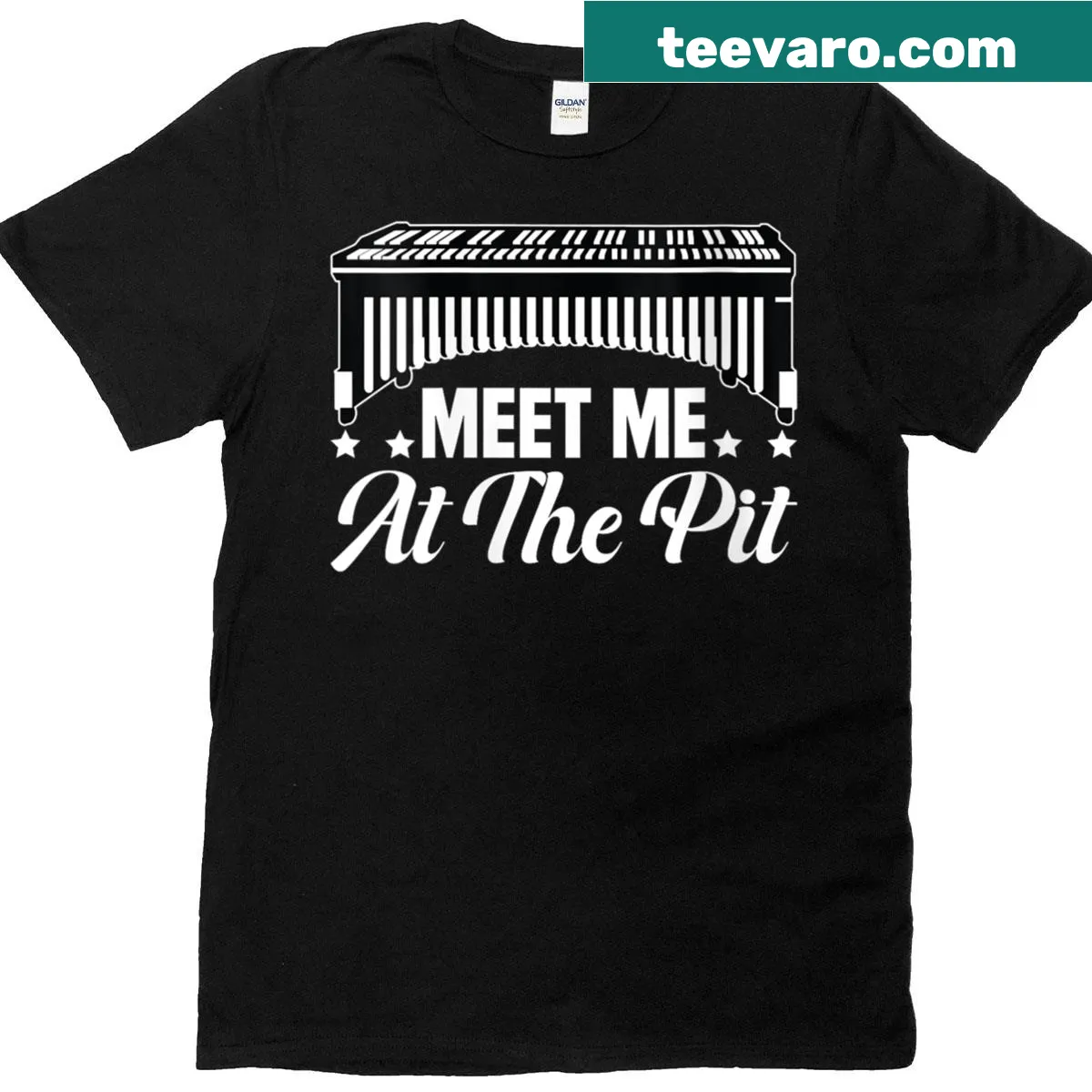 Illustrative tee featuring vibraphones and music themes. — on a men's t-shirt