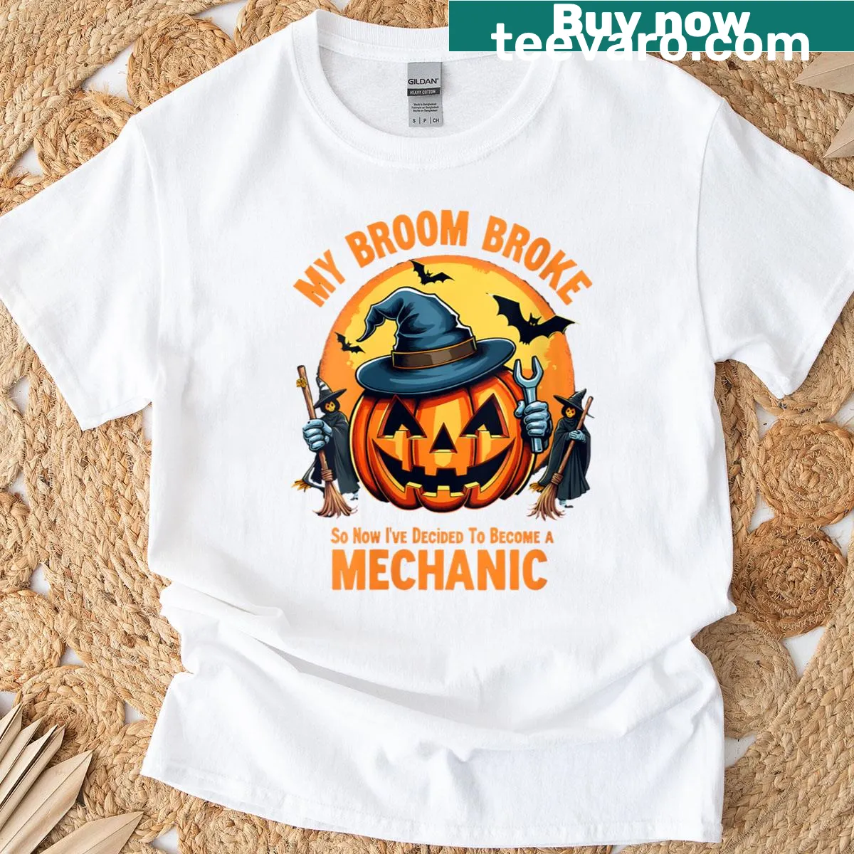 Funny Halloween shirt with a broken broom and cartoon pumpkin graphic. — on a men's t-shirt