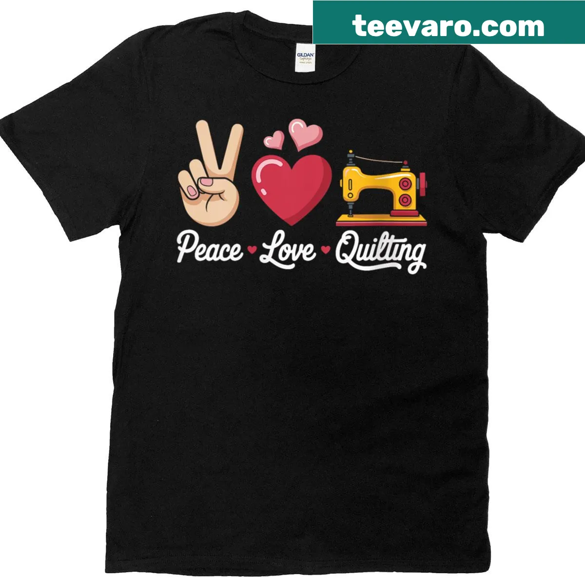 Cute quilting-themed tee with 'Peace Love Quilting' design — on a men's t-shirt