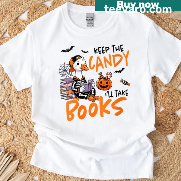 Cute Halloween T-shirt with a goose ghost reading a book