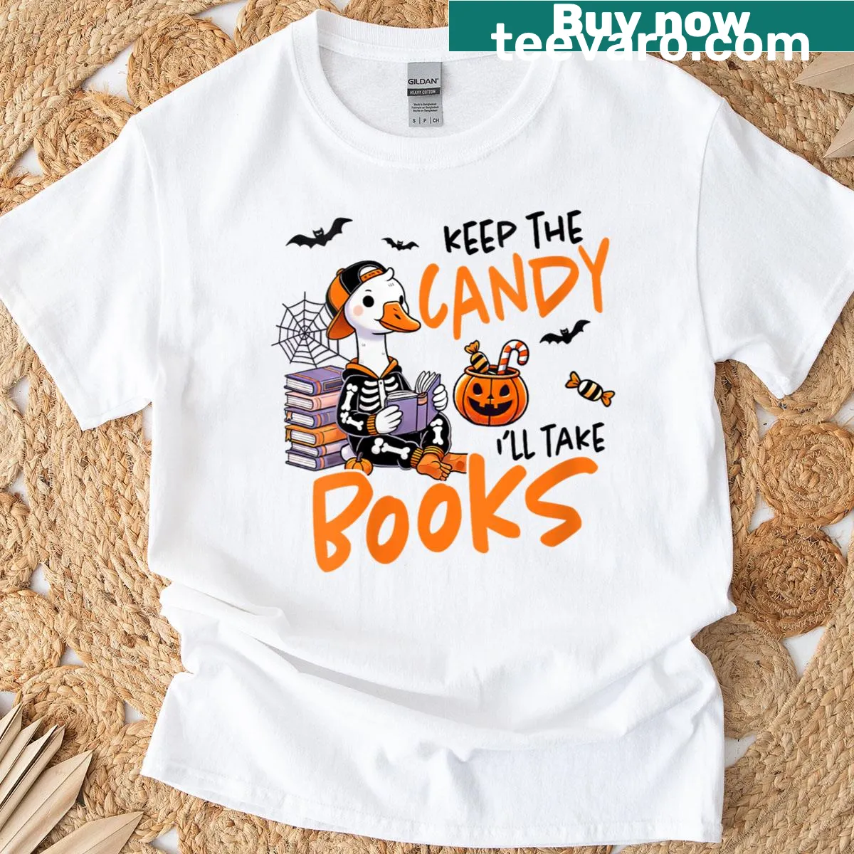 Cute Halloween T-shirt with a goose ghost reading a book — on a men's t-shirt
