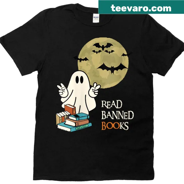 Funny Halloween t-shirt featuring ghost reading banned books
