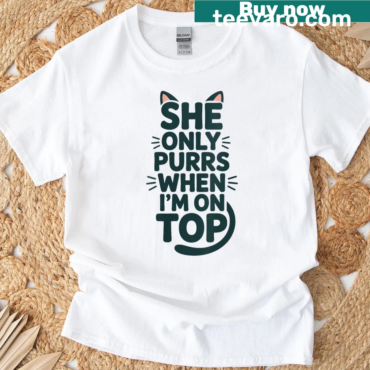 T-shirt with humorous cat quote: She Only Purrs When I'm On Top — on a men's t-shirt