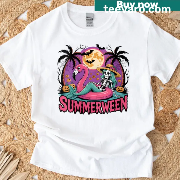 Playful Halloween T-shirt featuring a skeleton flamingo design