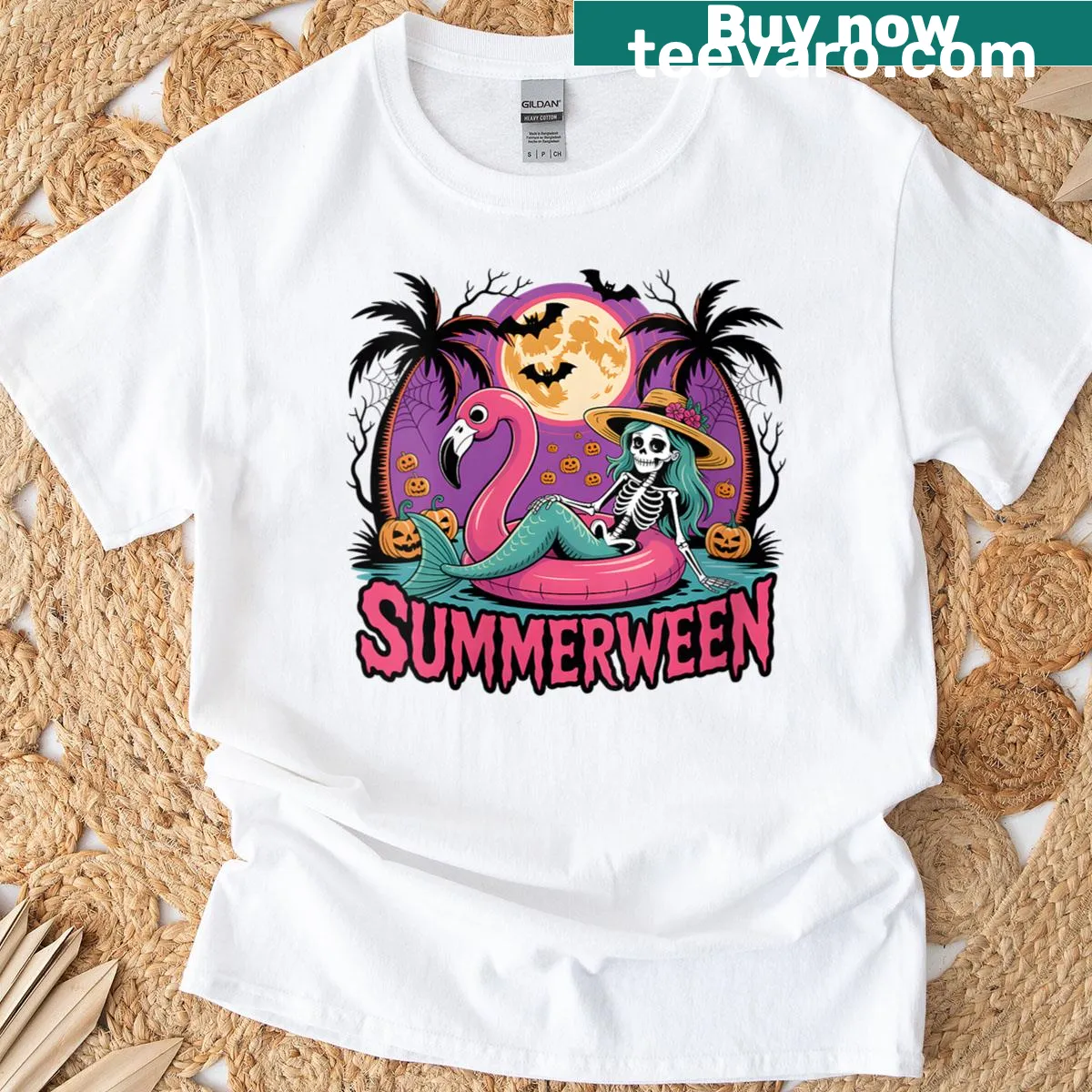 Playful Halloween T-shirt featuring a skeleton flamingo design — on a men's t-shirt