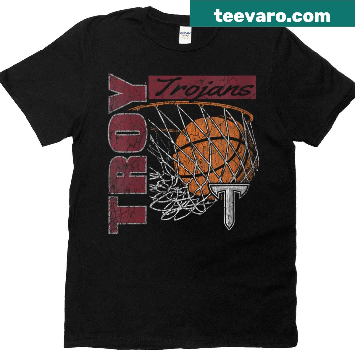 Vintage-style Troy Trojans basketball tee for women in black — on a men's t-shirt