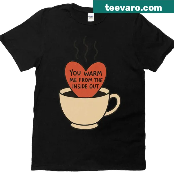 Coffee cup and heart graphic on a warm-themed T-shirt
