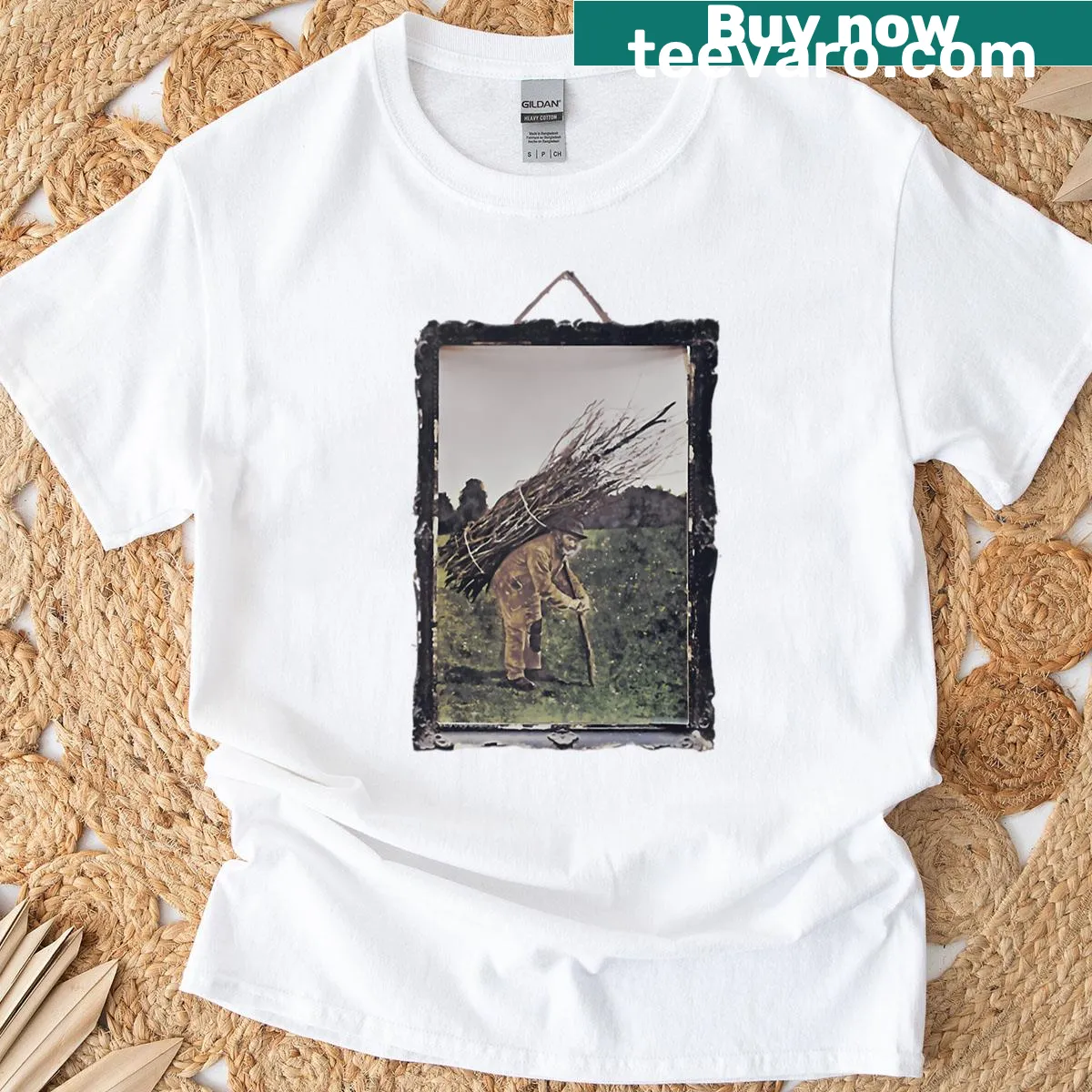 Album cover art from Zeppelin Iv printed on a t-shirt — on a men's t-shirt