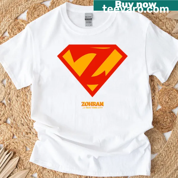 Illustration of Zohran as a heroic figure on a T-shirt