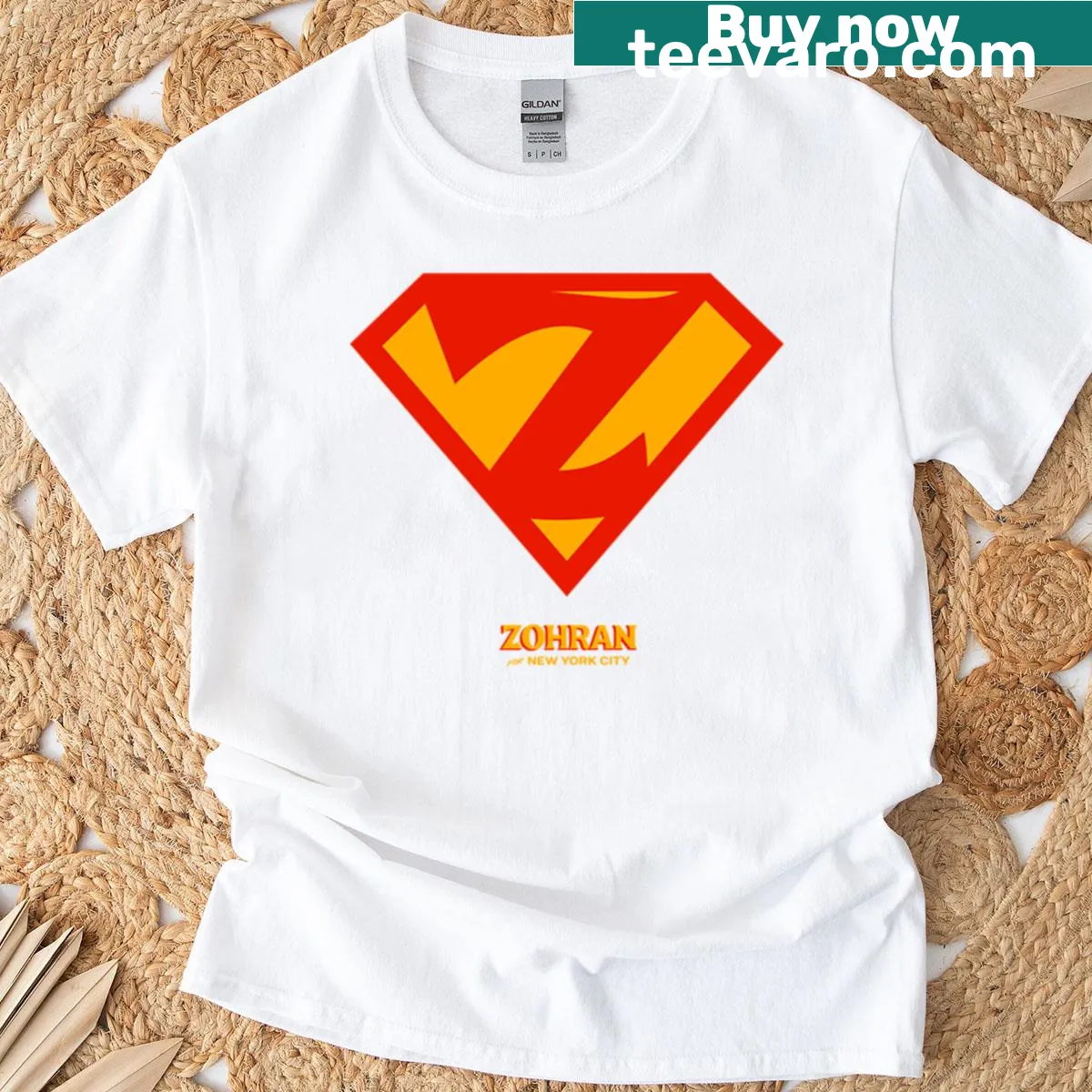 Illustration of Zohran as a heroic figure on a T-shirt — on a men's t-shirt
