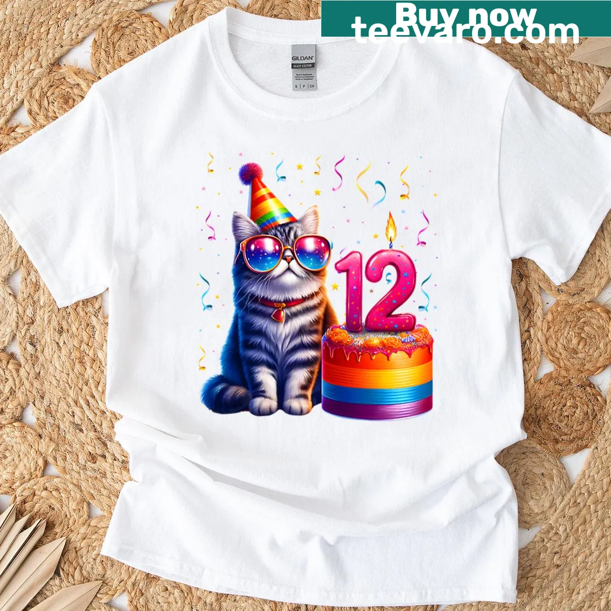 Cute birthday cat t-shirt with festive illustrations — on a men's t-shirt