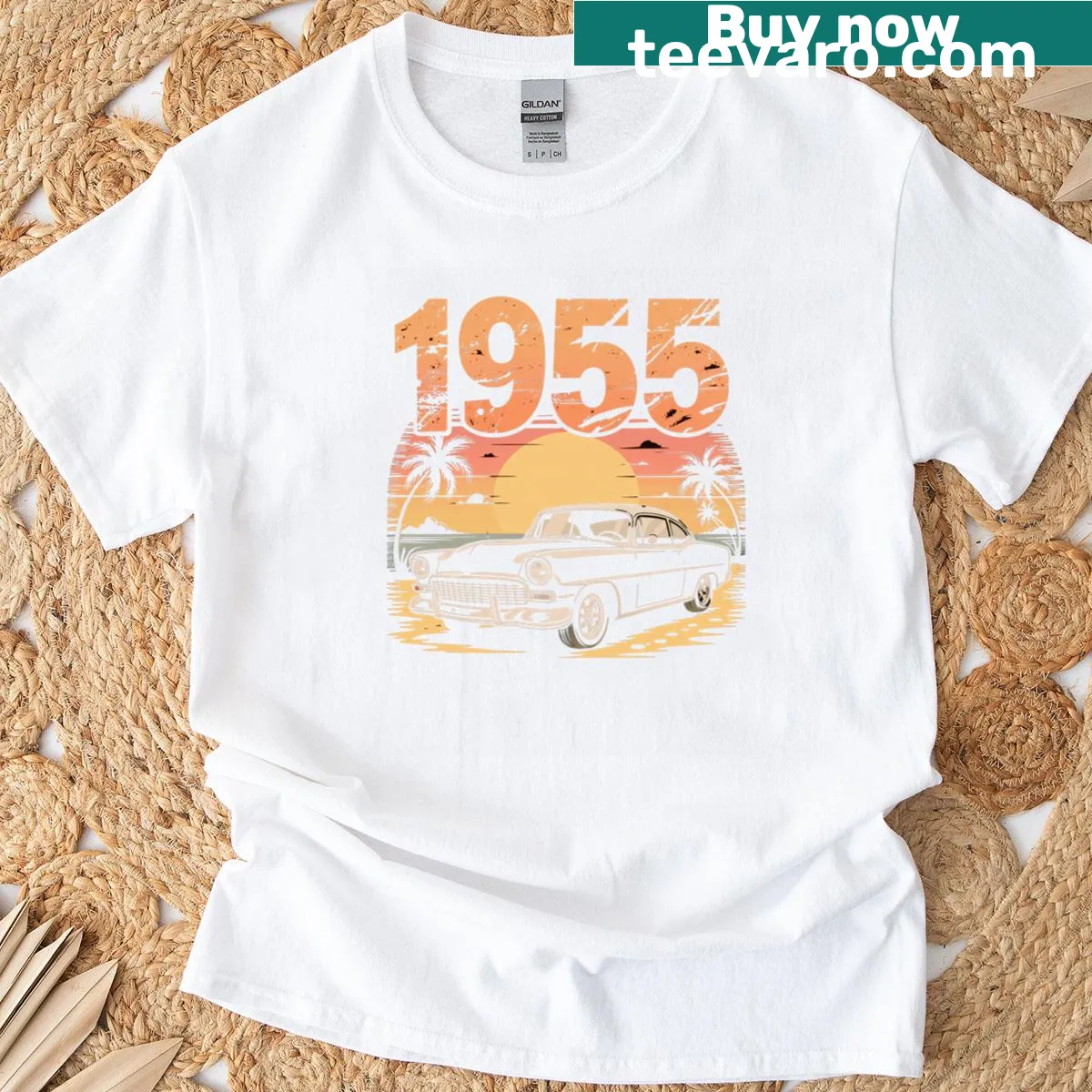 Retro t-shirt featuring an old car, sunset, and palm tree design — on a men's t-shirt