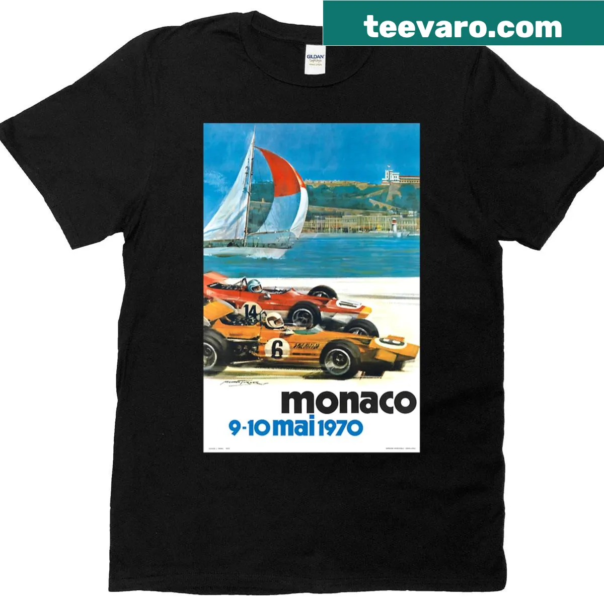Vintage T-shirt featuring a graphic of the 1970 Monaco Grand Prix racing poster — on a men's t-shirt