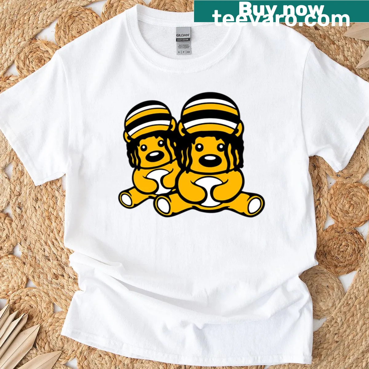 Illustrated bears in Rasta hats with a music theme on T-shirt — on a men's t-shirt