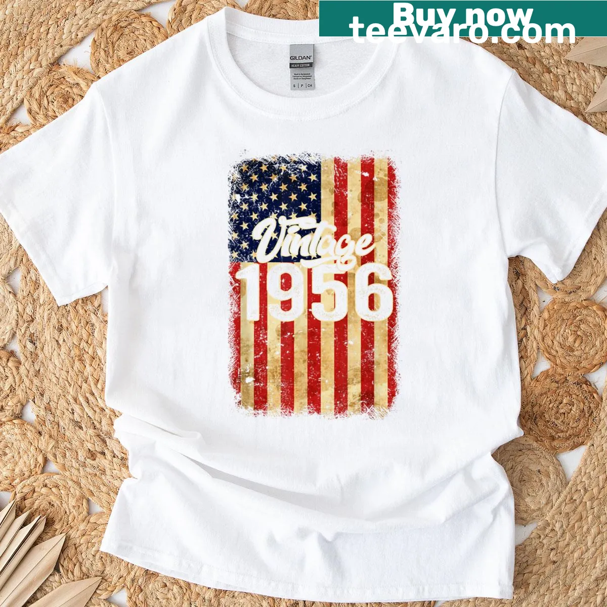 Vintage T-shirt with an American flag and 'Made In 1956' text — on a men's t-shirt