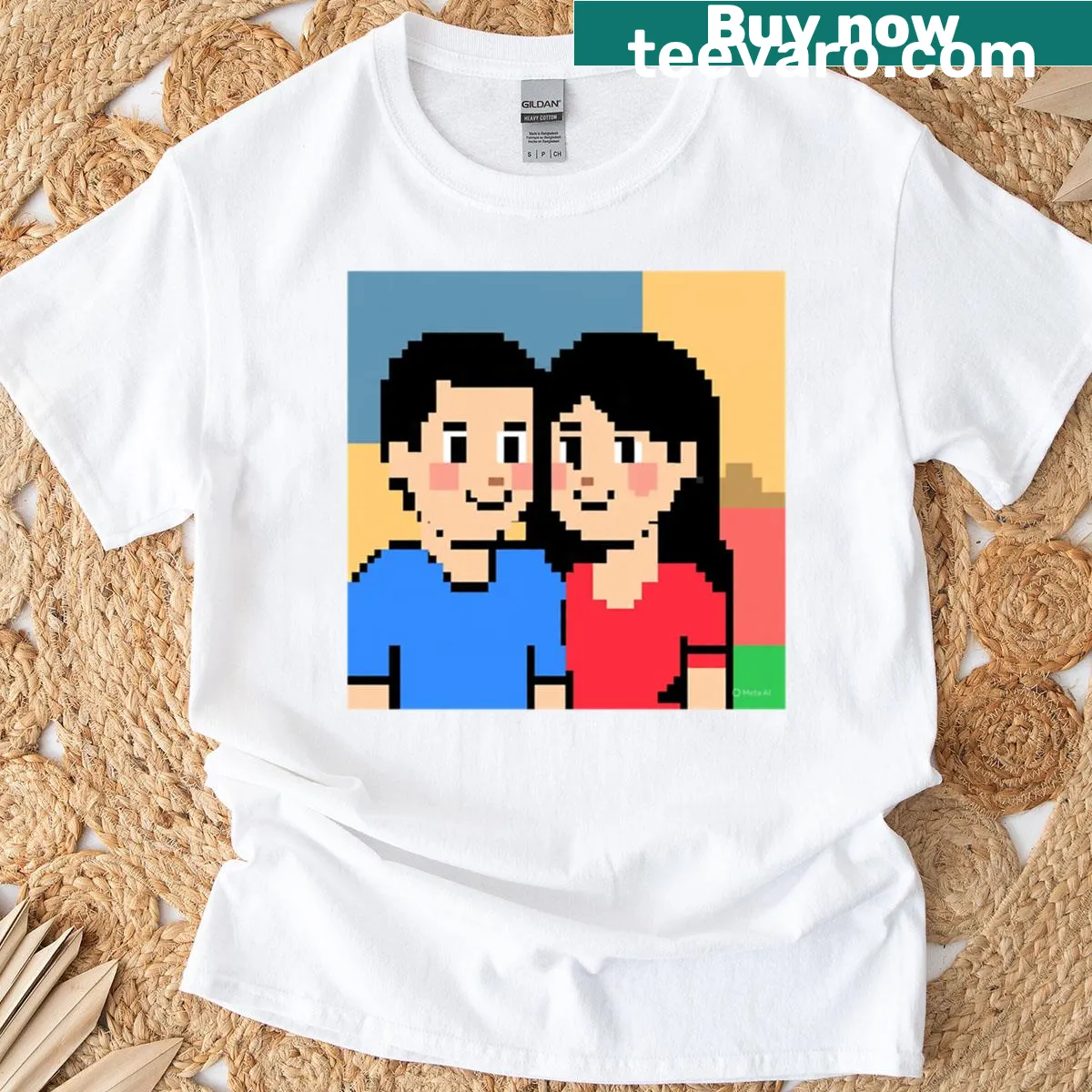 Cartoon 8-bit couple in love design on T-shirt — on a men's t-shirt