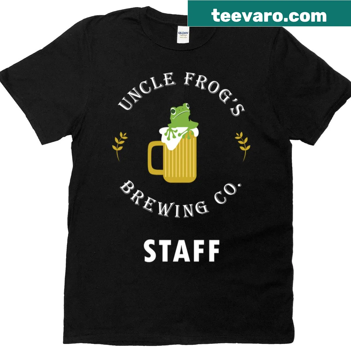 Uncle Frogs Brewing Co staff t-shirt with playful logo — on a men's t-shirt