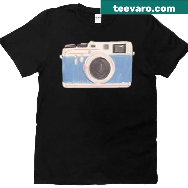 Illustrative blue digital camera graphic on t-shirt
