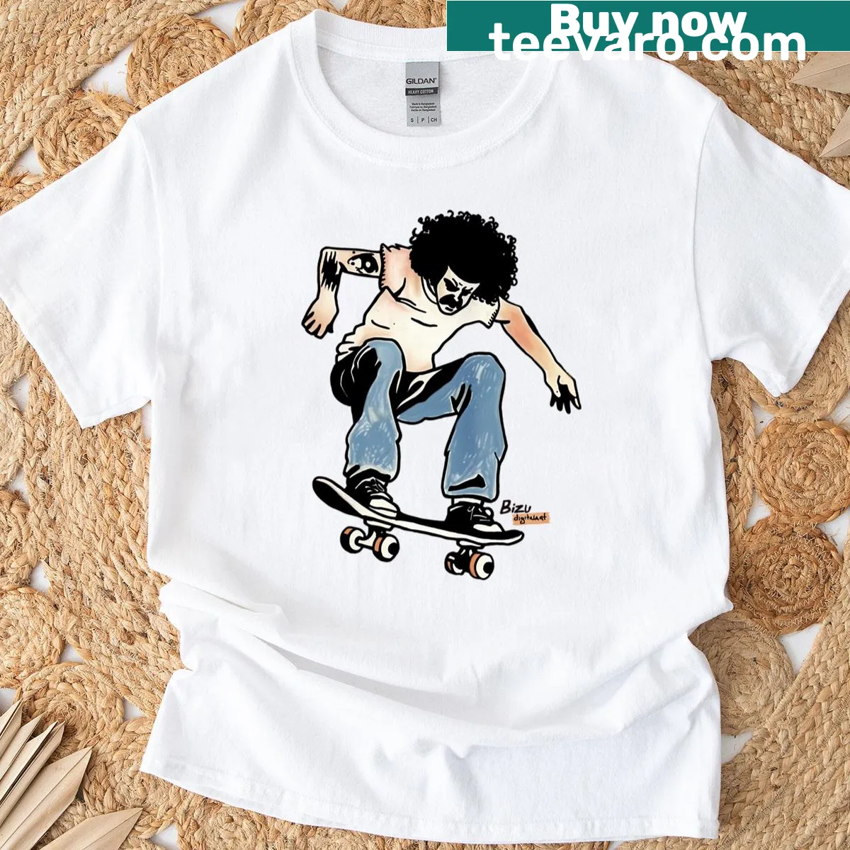 Dynamic illustration of a skater in motion on a t-shirt — on a men's t-shirt