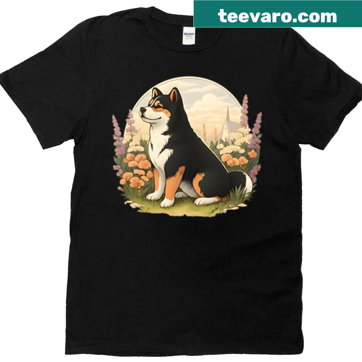 Illustration of an Akita in a flower garden on a t-shirt — on a men's t-shirt