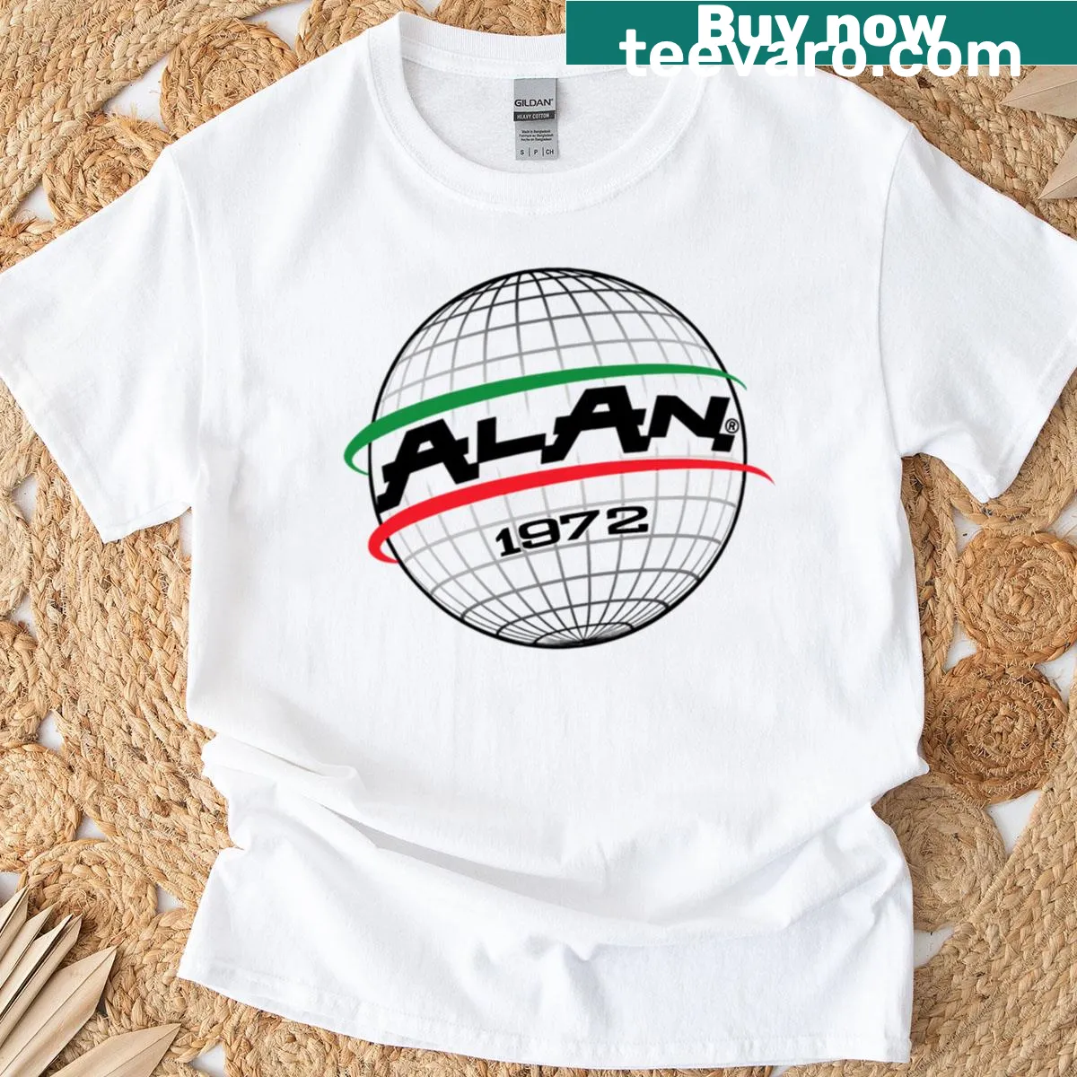 Vintage t-shirt featuring Alan 1972 globe emblem — on a men's t-shirt