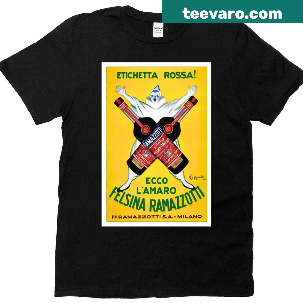 Vintage poster graphic of Ramazzotti Amaro on a t-shirt, reminiscent of 1920s Italian art. — on a men's t-shirt