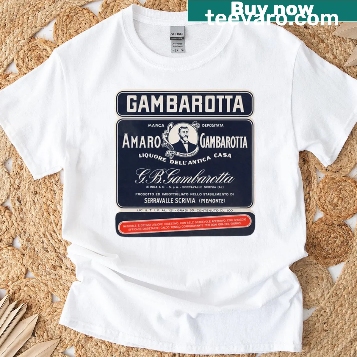 T-shirt featuring vintage Amaro Gambarotta liquor design — on a men's t-shirt