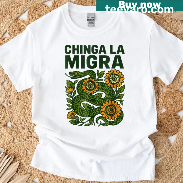 Vintage style t-shirt with the phrase 'Chinga La Migra' in a distressed print.