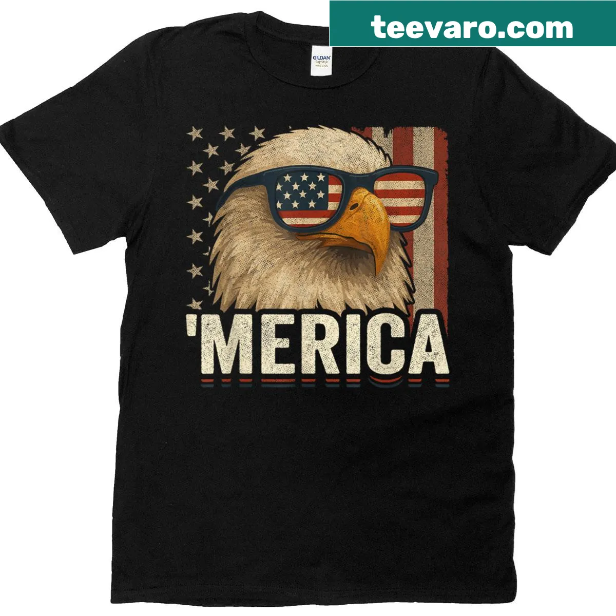 Bald eagle graphic on T-shirt with American flag design — on a men's t-shirt