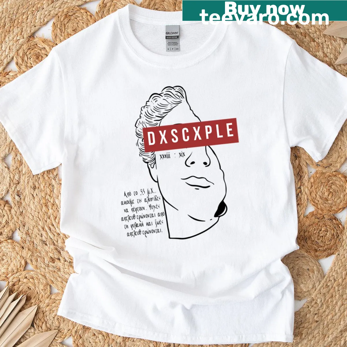 Typographic design inspired by ancient Greek themes — on a men's t-shirt