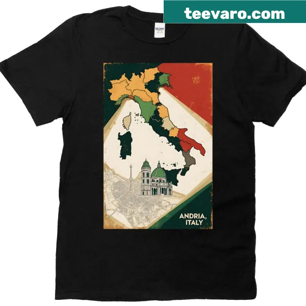 Vintage travel-themed graphic t-shirt featuring Andria, Italy, with iconic landmarks.