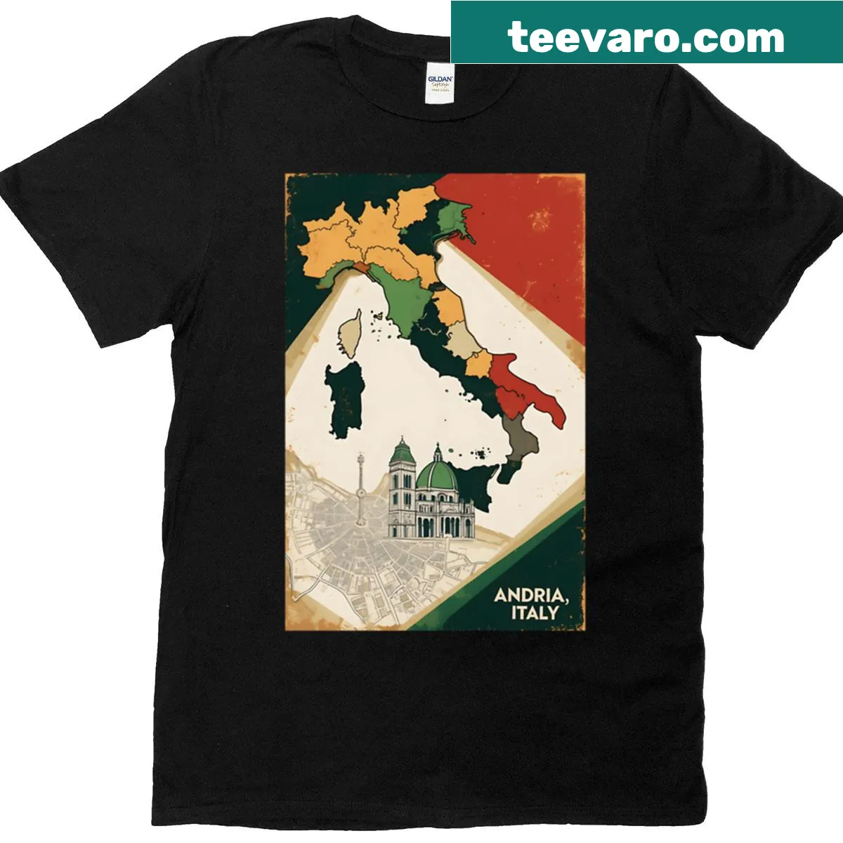 Vintage travel-themed graphic t-shirt featuring Andria, Italy, with iconic landmarks. — on a men's t-shirt