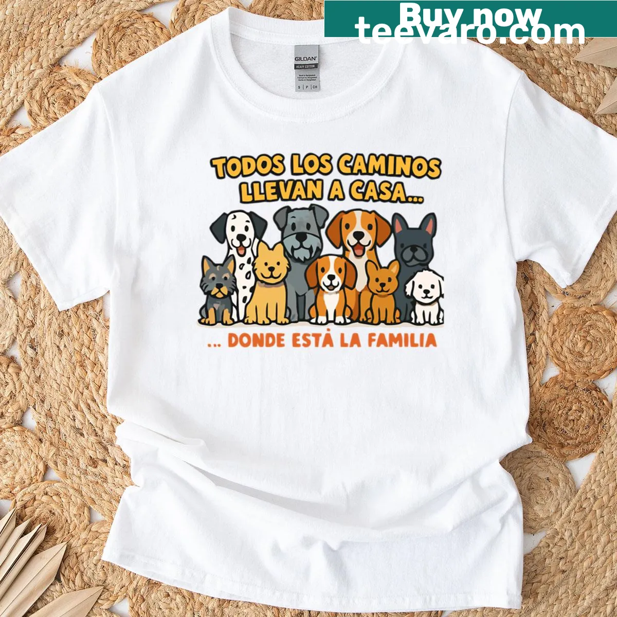 Illustrated T-shirt celebrating family pets — on a men's t-shirt