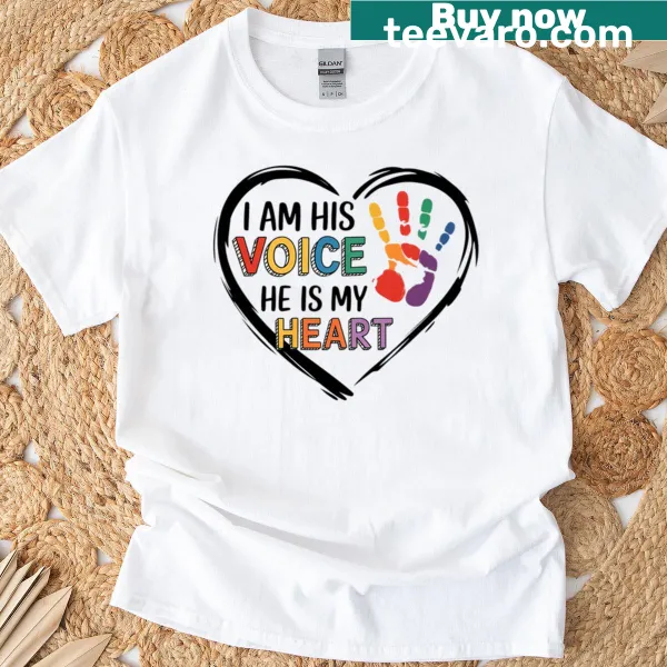 Kids t-shirt with the phrase 'I Am His Voice He Is My Heart' for autism awareness.