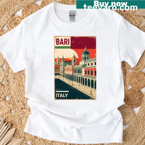Vintage travel t-shirt featuring Bari, Italy design.