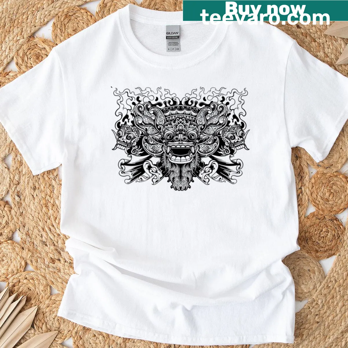 Barong mask design T-shirt representing Balinese culture — on a men's t-shirt
