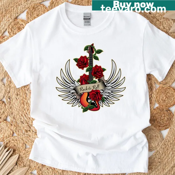 Vintage-style bass guitar graphic with wings and roses on T-shirt