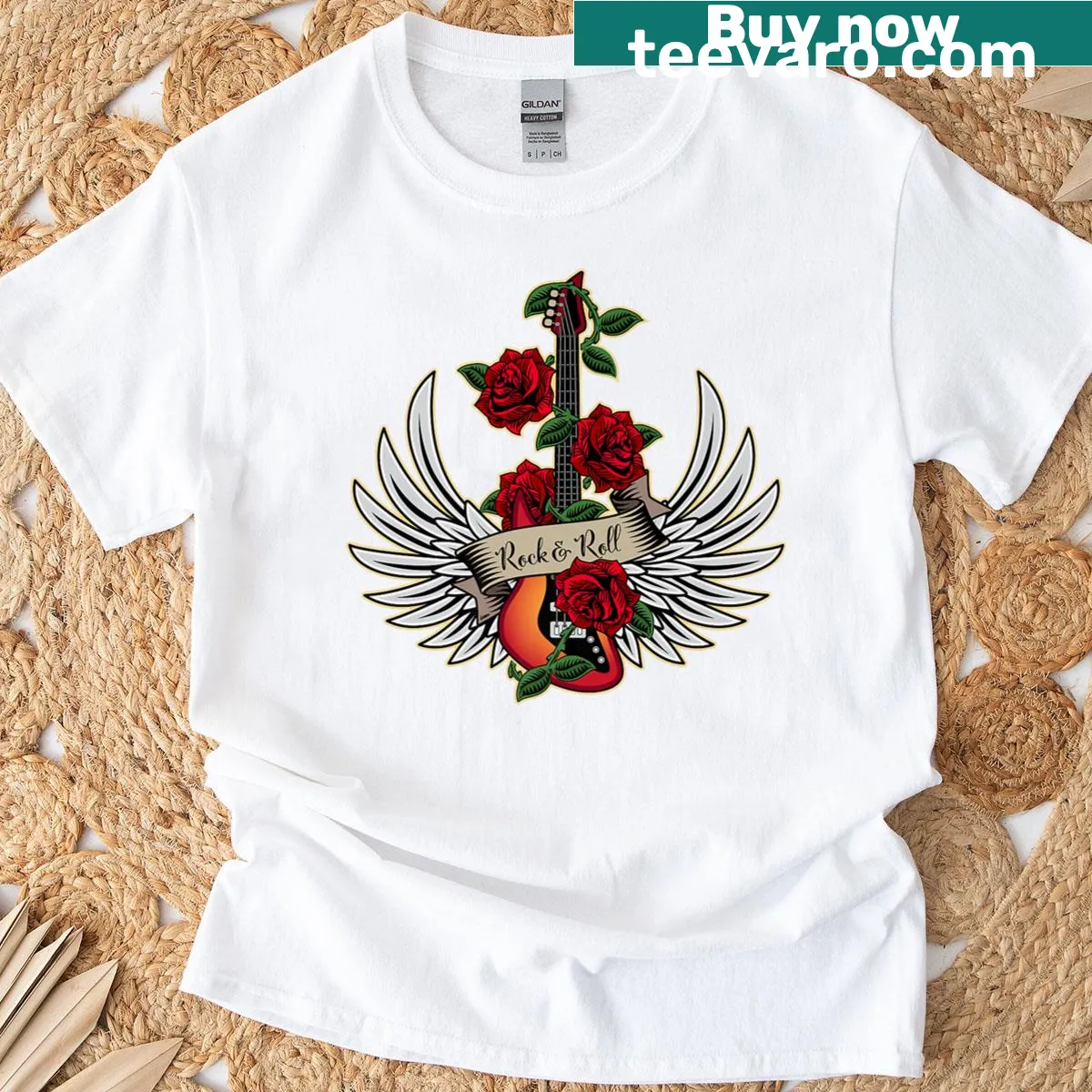 Vintage-style bass guitar graphic with wings and roses on T-shirt — on a men's t-shirt