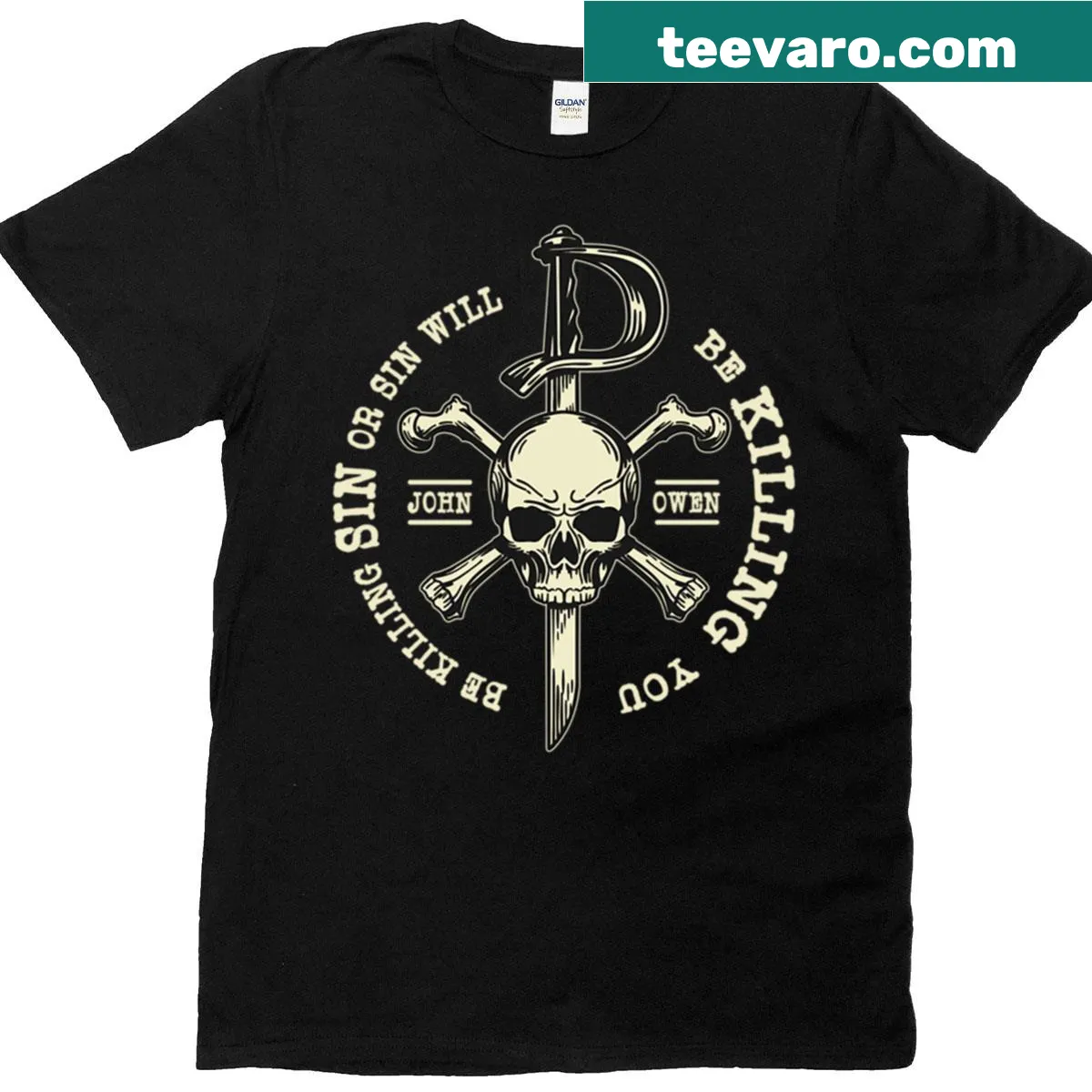 John Owen quote Chi Rho symbol shirt for spiritual reflection — on a men's t-shirt