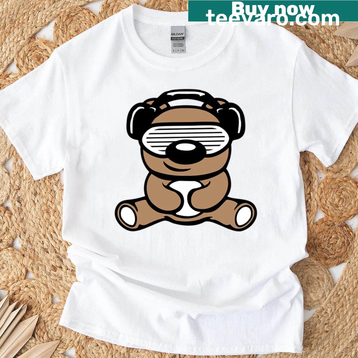 Playful T-shirt with DJ bear wearing sunglasses and headphones — on a men's t-shirt