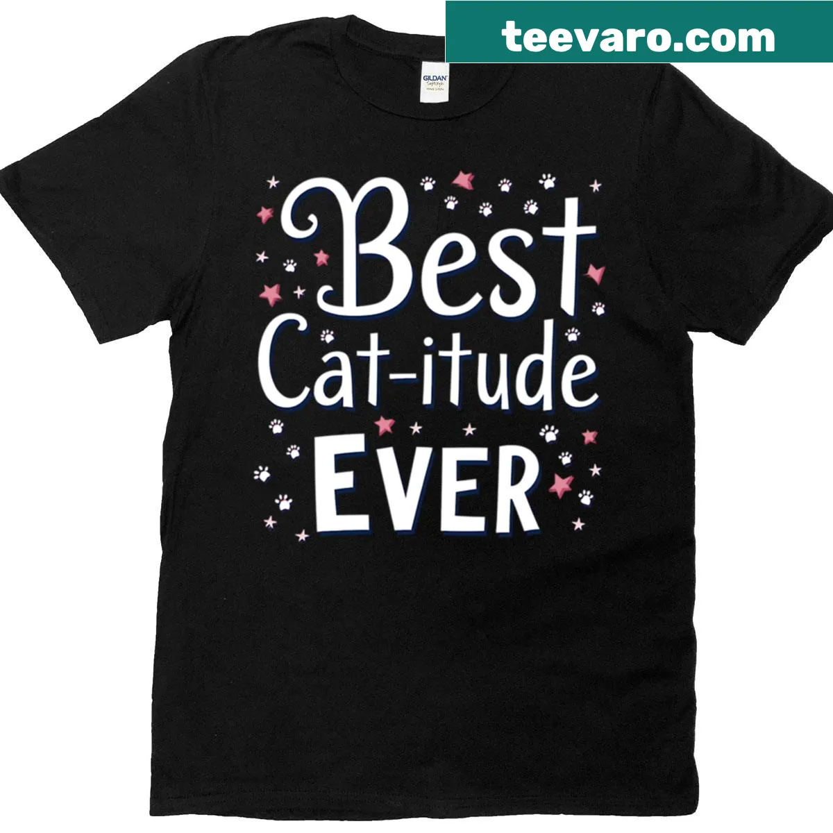 T-shirt with 'Best Cat-itude Ever' text and paw print design — on a men's t-shirt