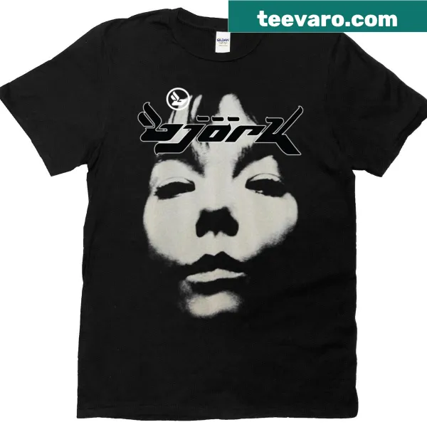 Vintage-style T-shirt featuring Bjork's Homogenic face logo in black and white.