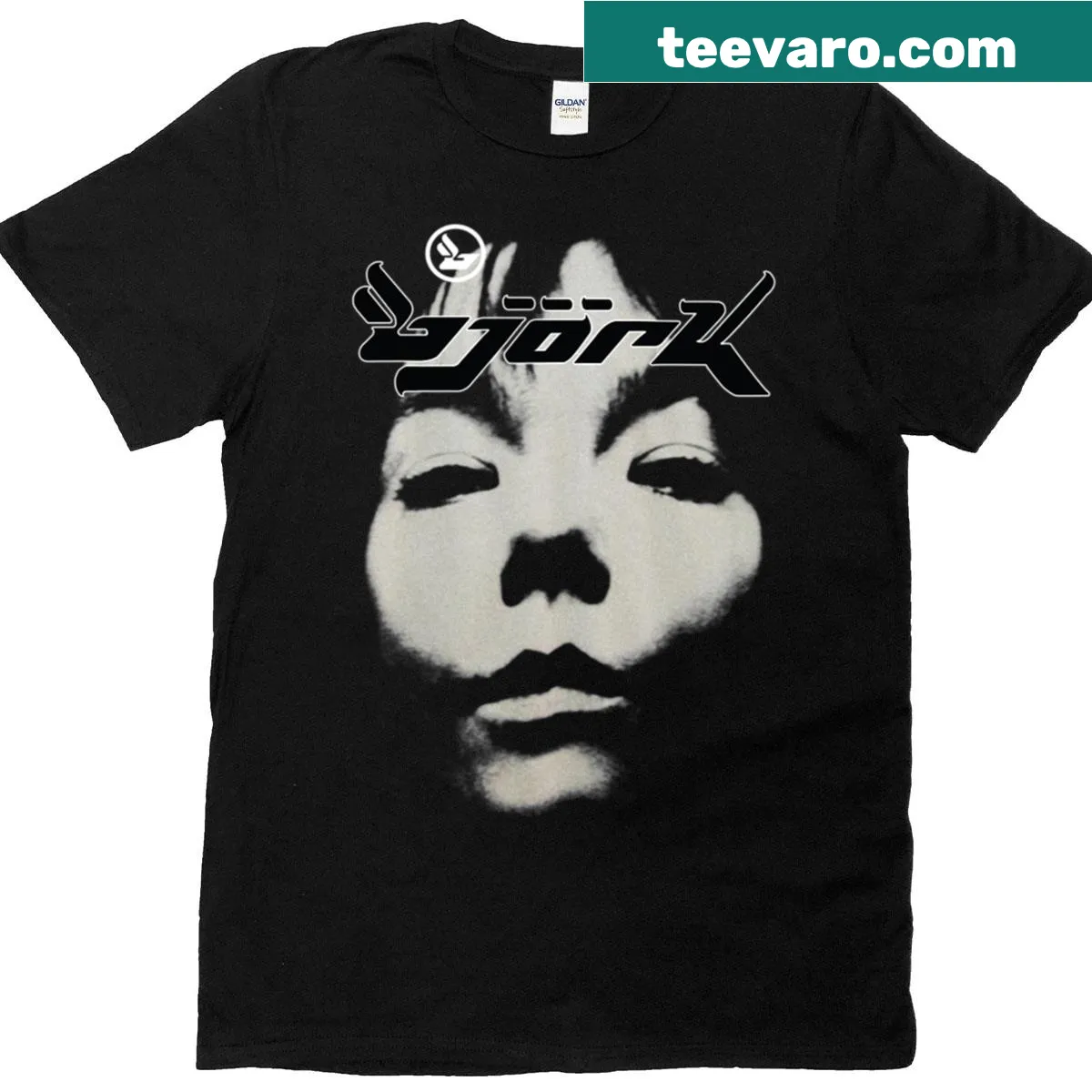 Vintage-style T-shirt featuring Bjork's Homogenic face logo in black and white. — on a men's t-shirt
