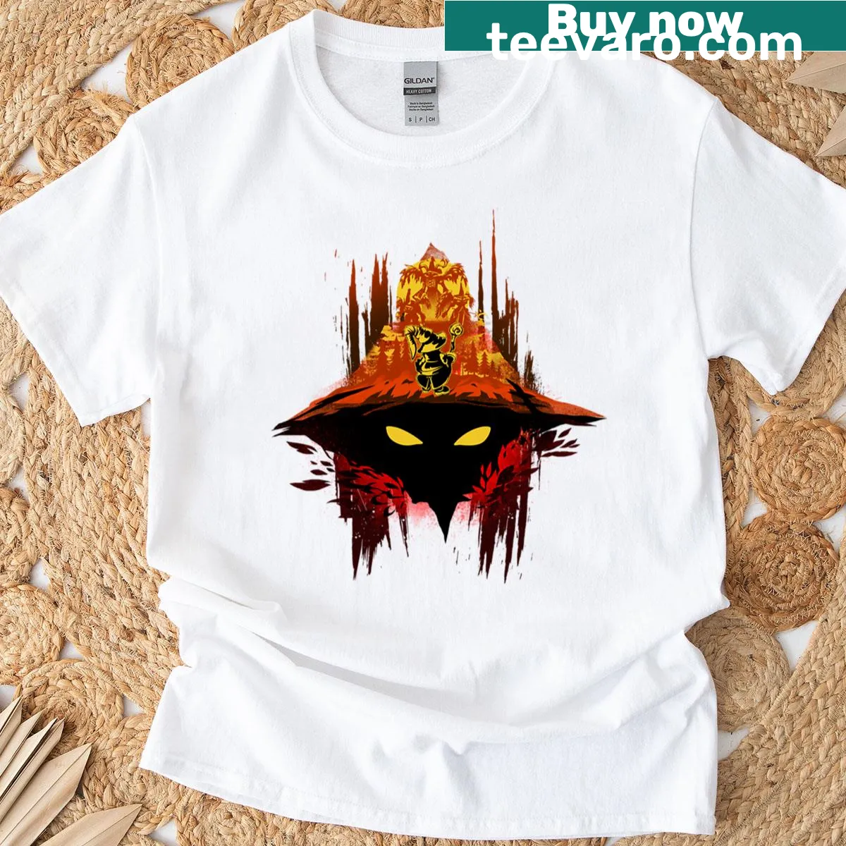 Bold black mage graphic on fantasy-themed T-shirt — on a men's t-shirt