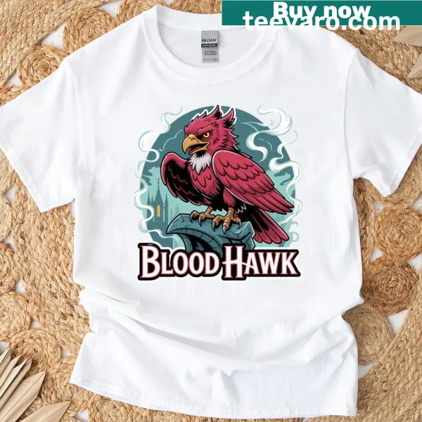 Illustrated blood hawk graphic in flight on T-shirt