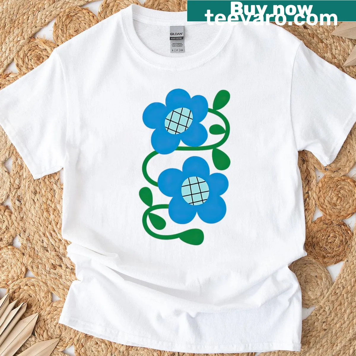 Cartoon flowers with checkered centers T-shirt — on a men's t-shirt