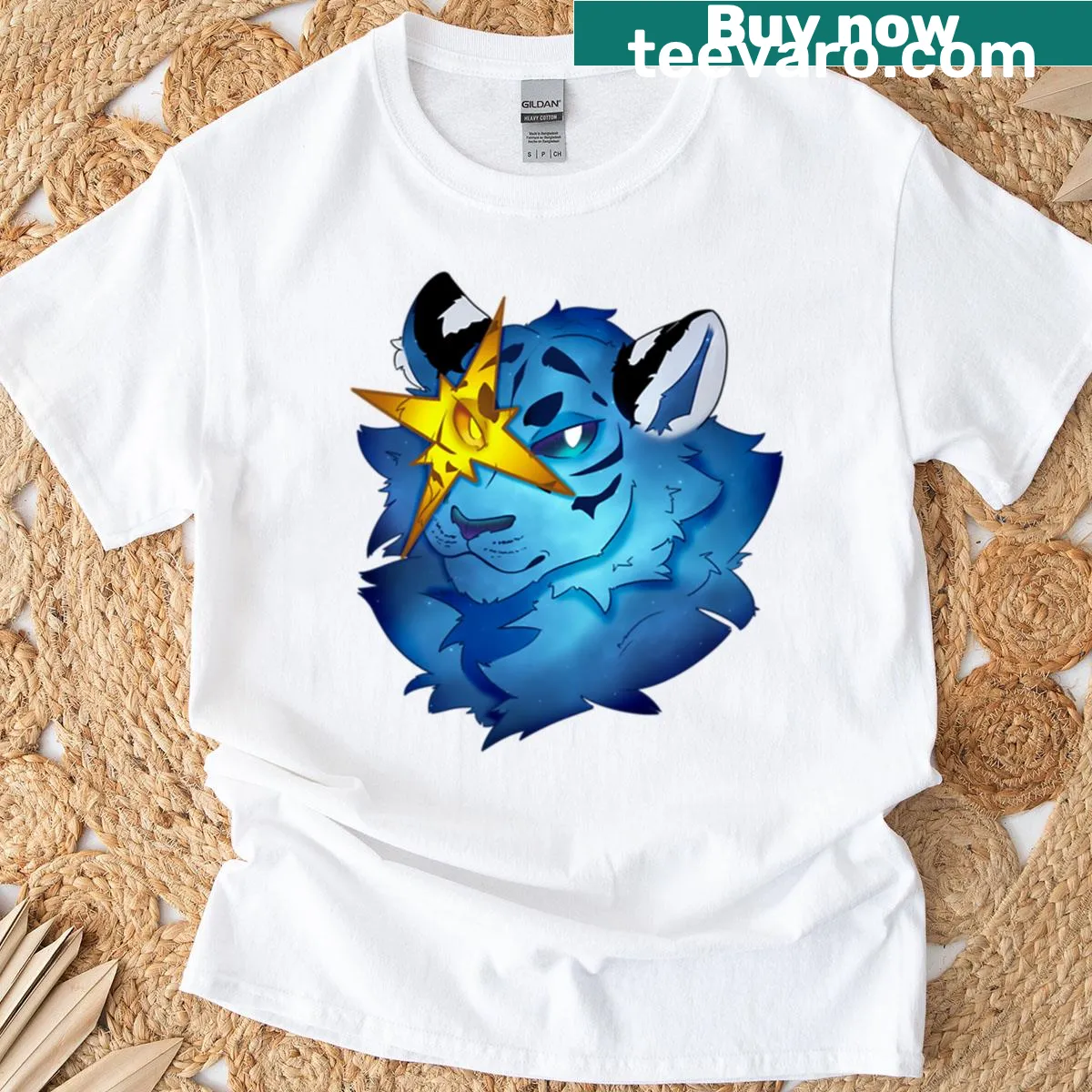 T-shirt featuring a cosmic-themed blue tiger with a starry eye design. — on a men's t-shirt