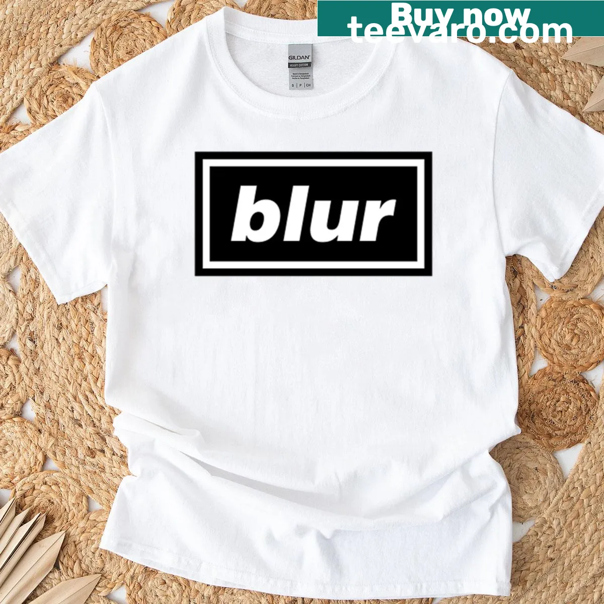 Vintage-style Blur graphic on music-themed T-shirt — on a men's t-shirt