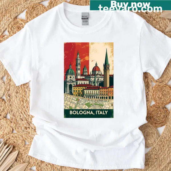 Vintage travel graphic of Bologna, Italy on a t-shirt